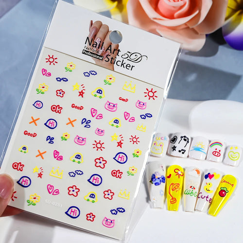 1pcs 5D Kawaii Nail Sticker Colourful Flower Letter Nail Art Slider