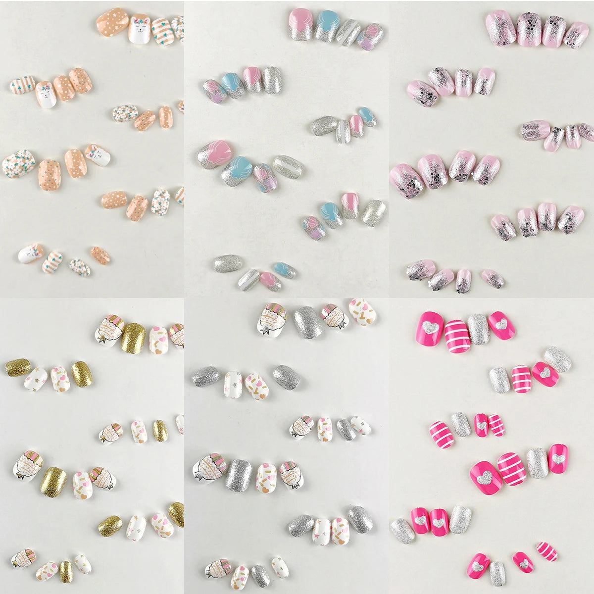 24 Pcs Rainbow Kids Press on Nails Pre-glue Children Heart Pattern