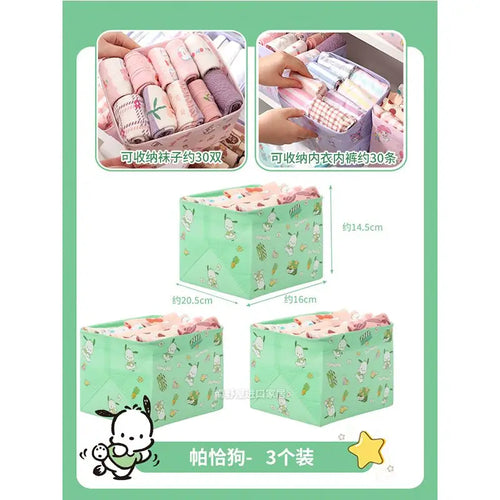 3Pcs Kawaii Sanrio Hello Kitty Cinnamon Roll Anime Underwear Storage Box