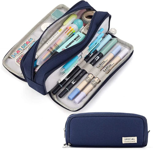 Large Capacity Pencil Case 3 Compartment Pouch Pen Bag Double