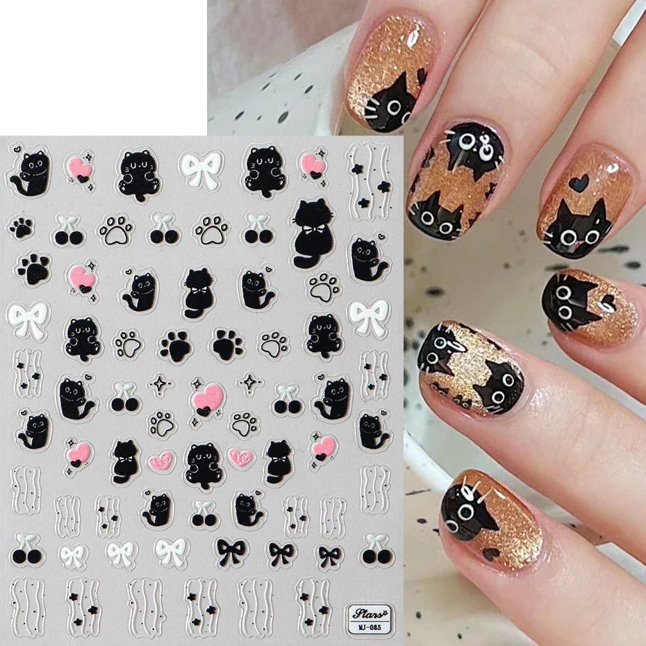 Cute Black Cat Nail Stickers Decals 5D Embossed Kawaii Cat Flowers