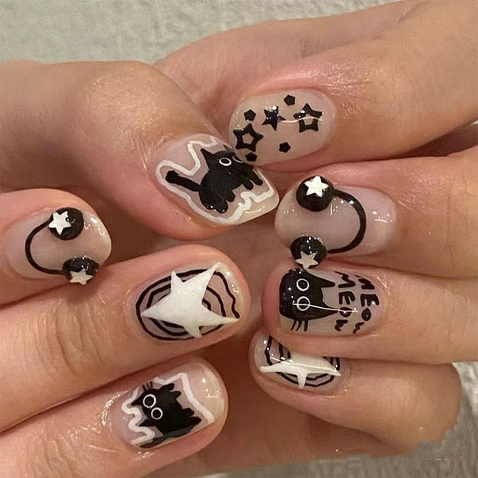 Cute Black Cat Nail Stickers Decals 5D Embossed Kawaii Cat Flowers