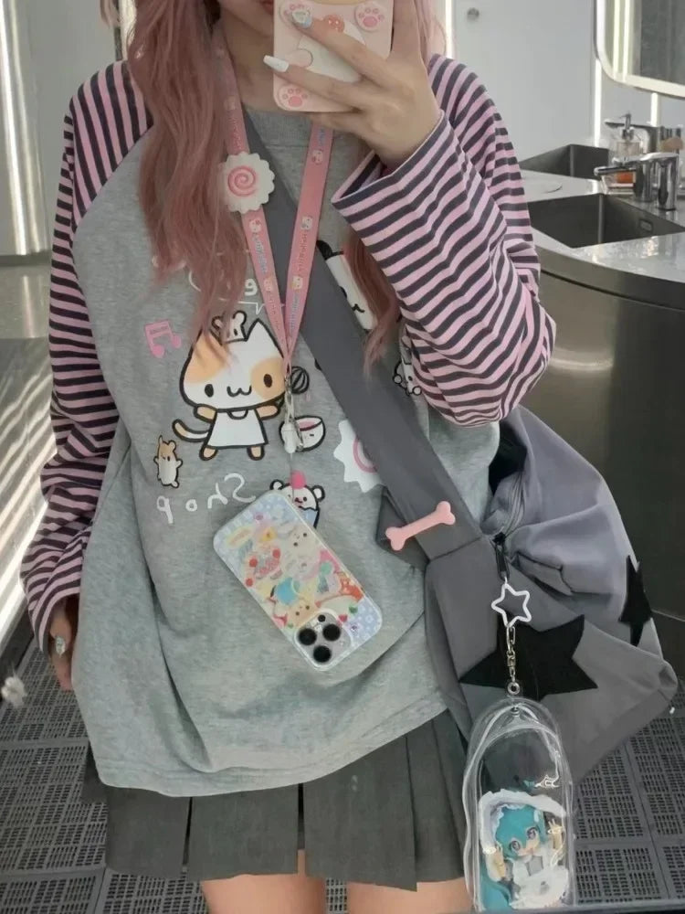 Y2k Harajuku Kawaii Striped Hoodie Women Japanese Fashion