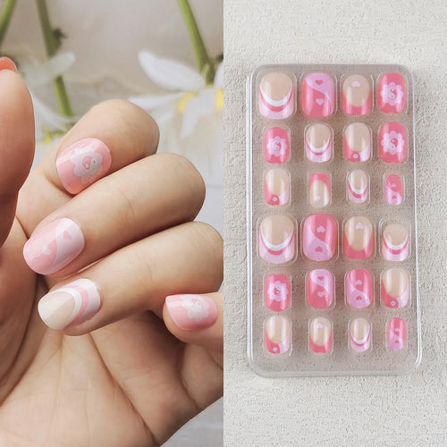 24 Pcs Rainbow Kids Press on Nails Pre-glue Children Heart Pattern