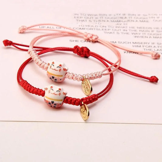 Ceramic Lucky Cat Bracelets For Women Girls Red Hand-woven Rope Bangle