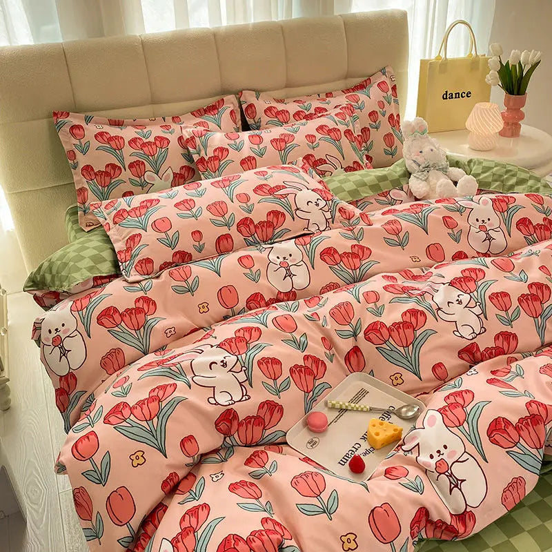 4Pcs/set Kawaii Anime Cartoon Hello Kitty Bedding Quilt Cover Student