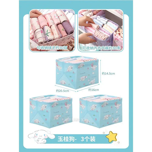 3Pcs Kawaii Sanrio Hello Kitty Cinnamon Roll Anime Underwear Storage Box