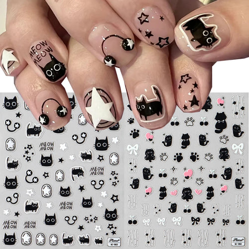 Cute Black Cat Nail Stickers Decals 5D Embossed Kawaii Cat Flowers