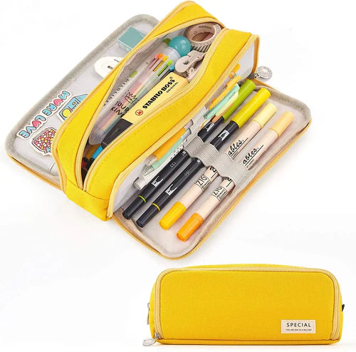 Large Capacity Pencil Case 3 Compartment Pouch Pen Bag Double