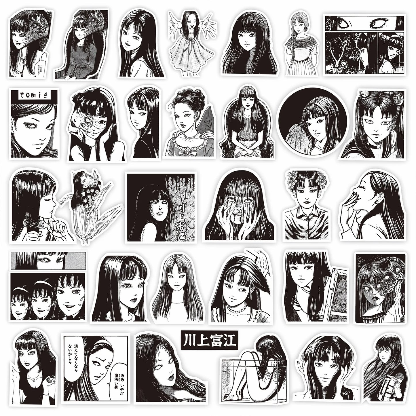 70PCS Black and White Horror Anime Tomie Stickers Cartoon Tomie Junji