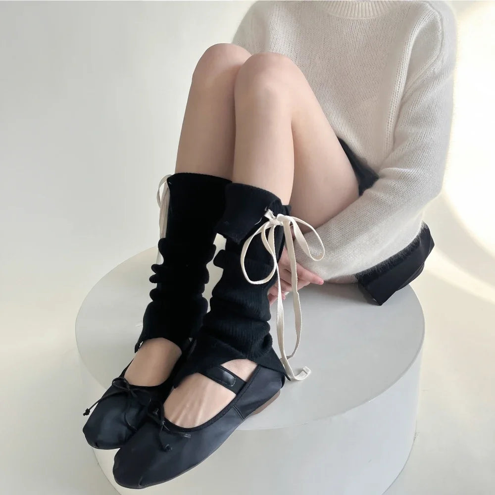 Women Ballet Style Leg Warmers Sweet Girls Bandage Bow Long Socks