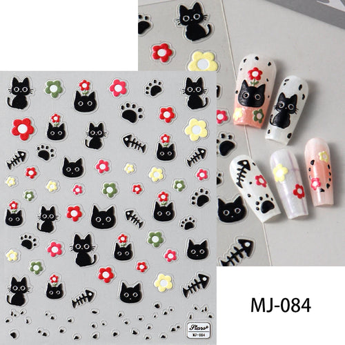 Cute Black Cat Nail Stickers Decals 5D Embossed Kawaii Cat Flowers