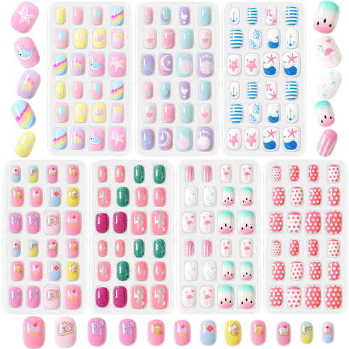 168pcs Kid False Nail Tips Flower Marine Life for Children Full Cover