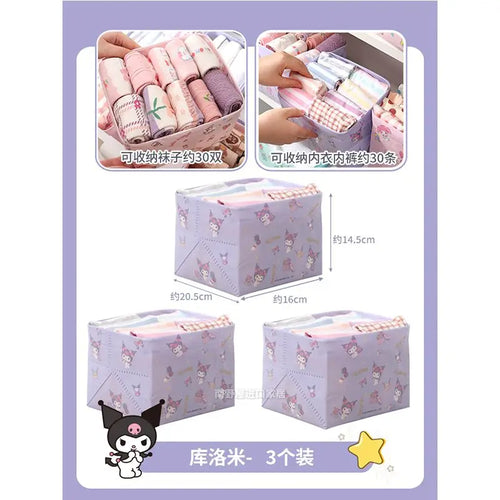 3Pcs Kawaii Sanrio Hello Kitty Cinnamon Roll Anime Underwear Storage Box