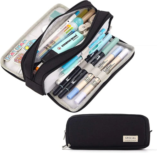 Large Capacity Pencil Case 3 Compartment Pouch Pen Bag Double