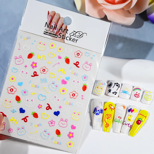 1pcs 5D Kawaii Nail Sticker Colourful Flower Letter Nail Art Slider