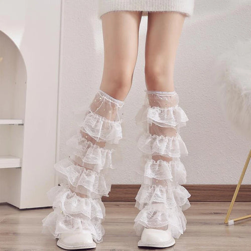 Women Layered Mesh Ruffle Leg Warmers Kawaii Thigh High Socks