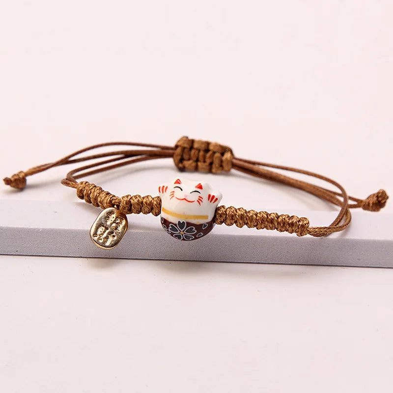 Ceramic Lucky Cat Bracelets For Women Girls Red Hand-woven Rope Bangle