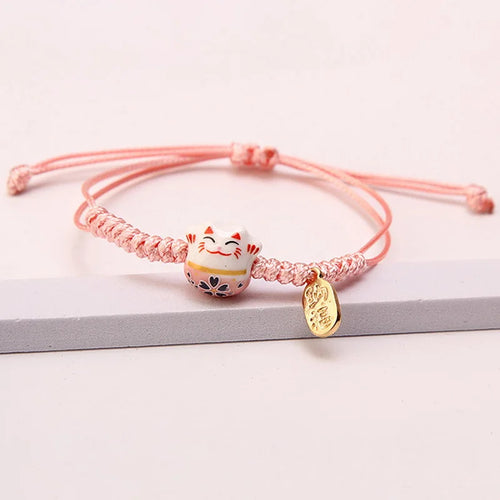 Ceramic Lucky Cat Bracelets For Women Girls Red Hand-woven Rope Bangle