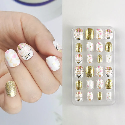 24 Pcs Rainbow Kids Press on Nails Pre-glue Children Heart Pattern