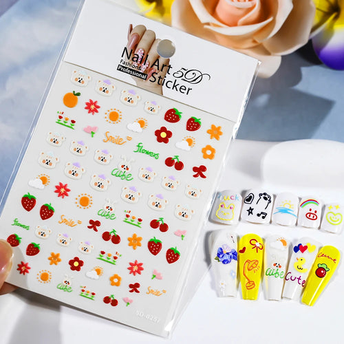 1pcs 5D Kawaii Nail Sticker Colourful Flower Letter Nail Art Slider